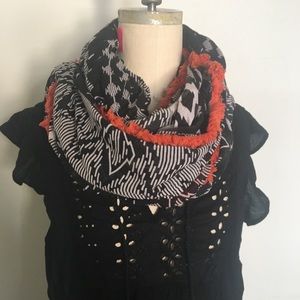 Geometric patterned infinity scarf w/ orange trim